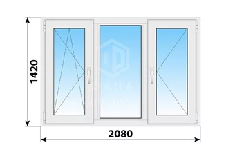 Трехстворчатое пластиковое окно 2080x1420 ПO-Г-П
